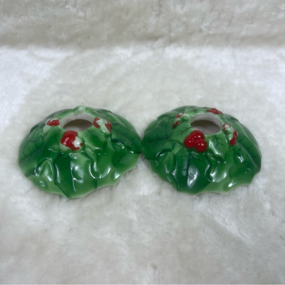 Vintage Holt Howard Christmas Candle Holders 1958 Green Holly Berry